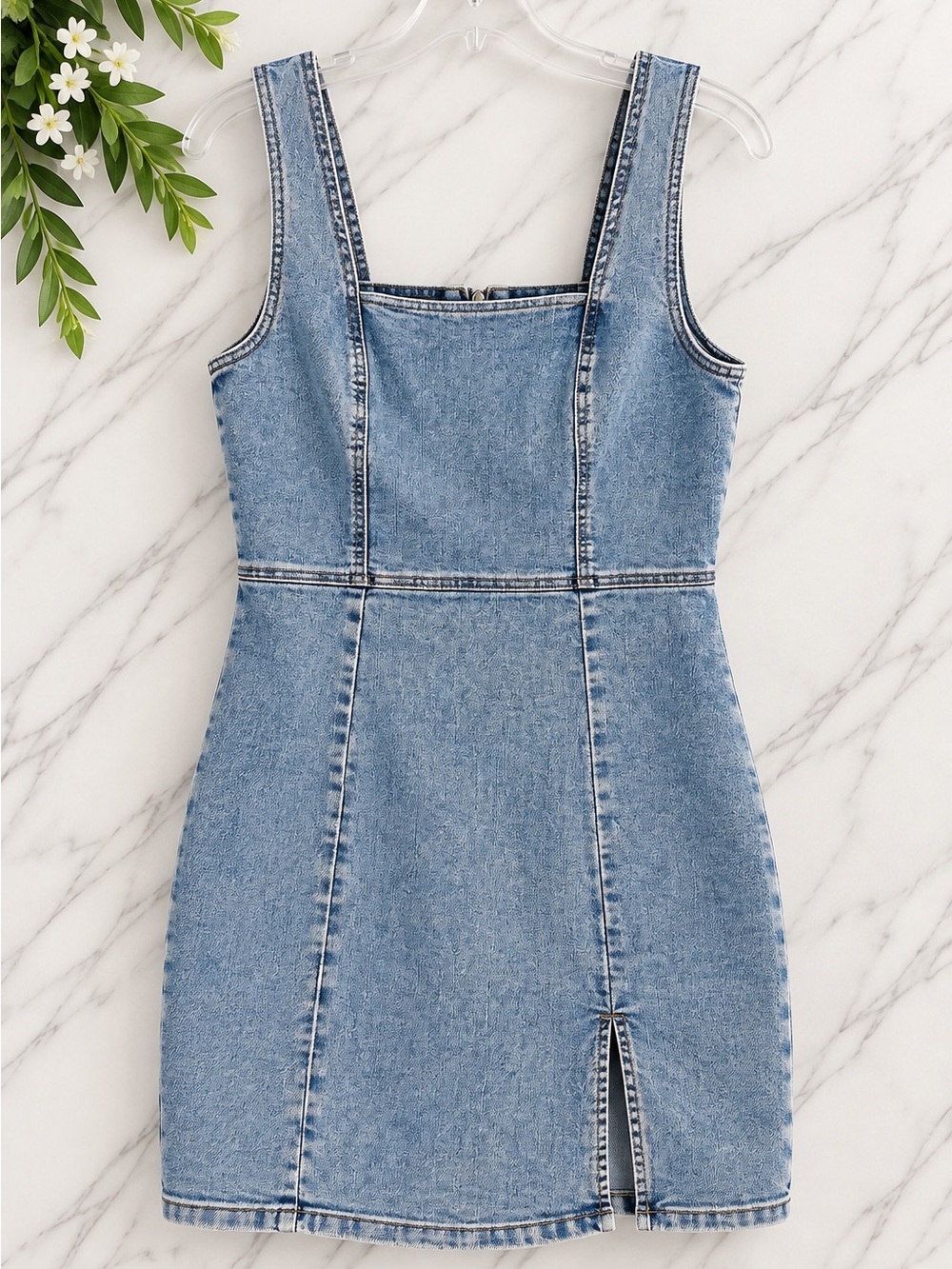 Tinsel Town Y2K Denim Mini Dress Square Neck Stretch Size L
